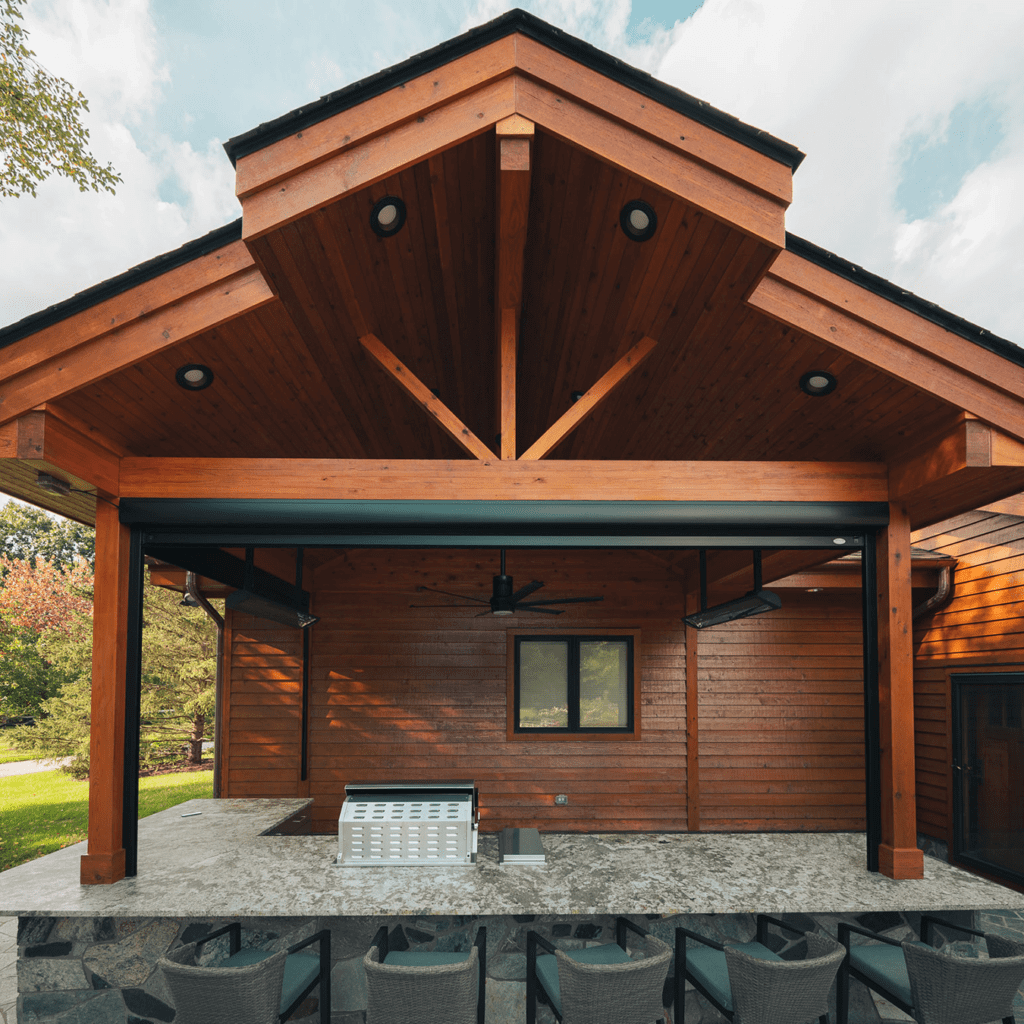 covered patio with motorized screens installed in Dexter Michigan