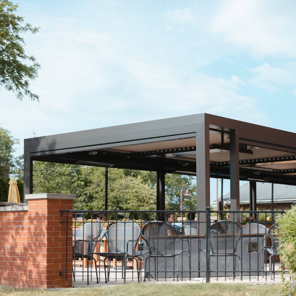 covered patio with pergola and screens at Salt Springs Brewery in Saline Michigan