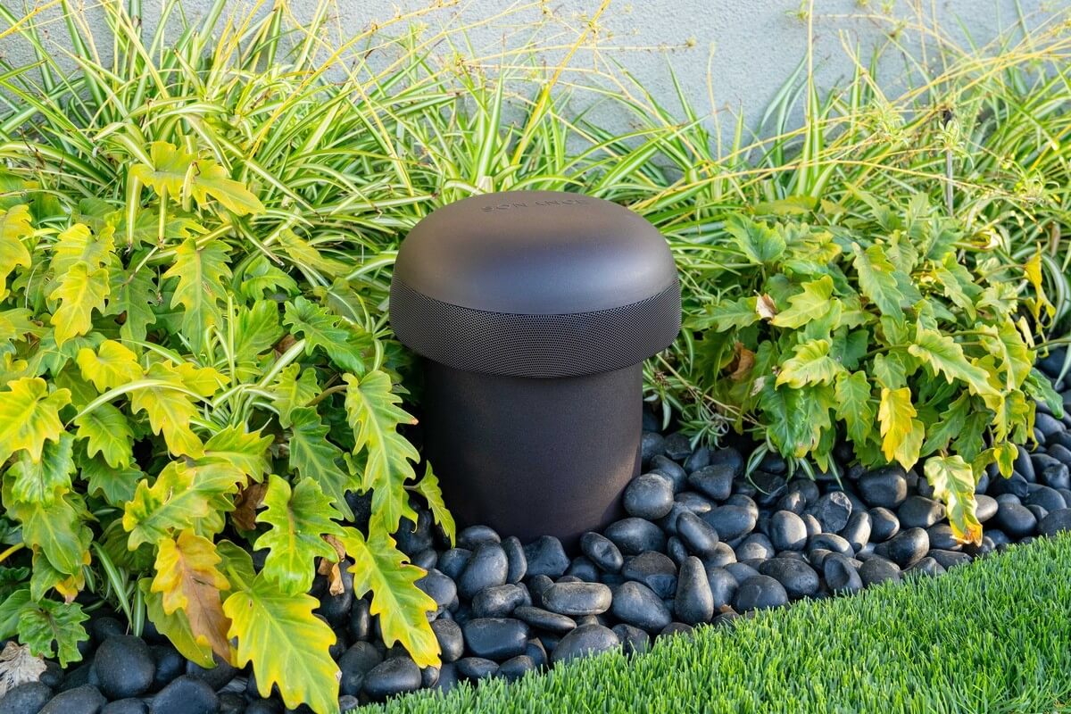 A portable black speaker is strategically placed among lush greenery and smooth black stones in a beautifully landscaped garden, merging technology with nature to enhance outdoor ambiance.