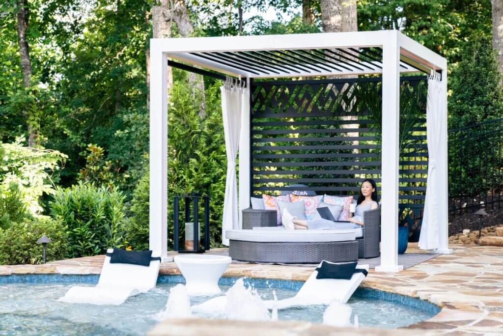 StruXUre Cabana X pool slide with canopy top and backdrop