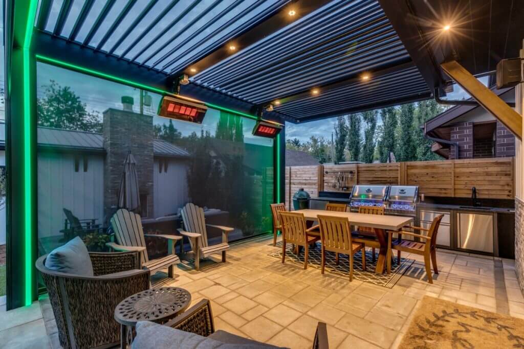 StruXure Pergola with motorized louvres, Trax lighting, overhead lights, and heaters
