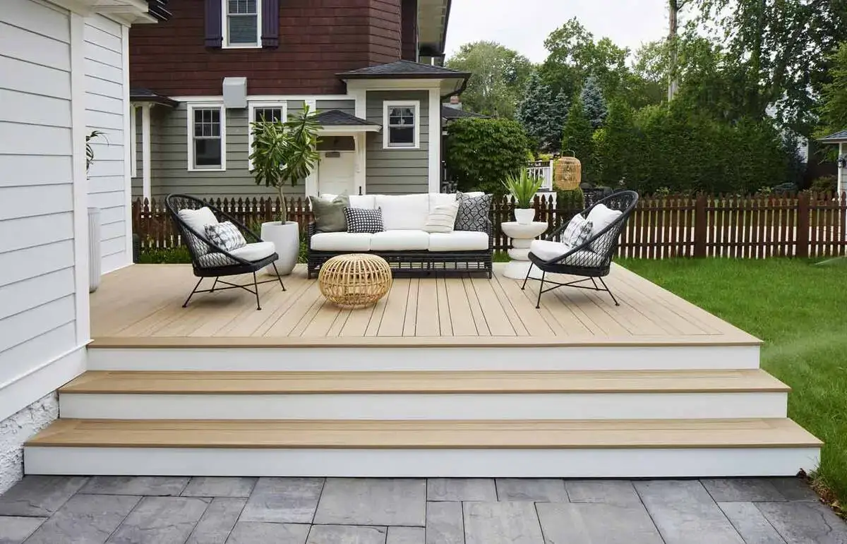 light-toned composite wood deck featuring black woven chairs, white outdoor sofa, and greenery in a landscaped suburban backyard