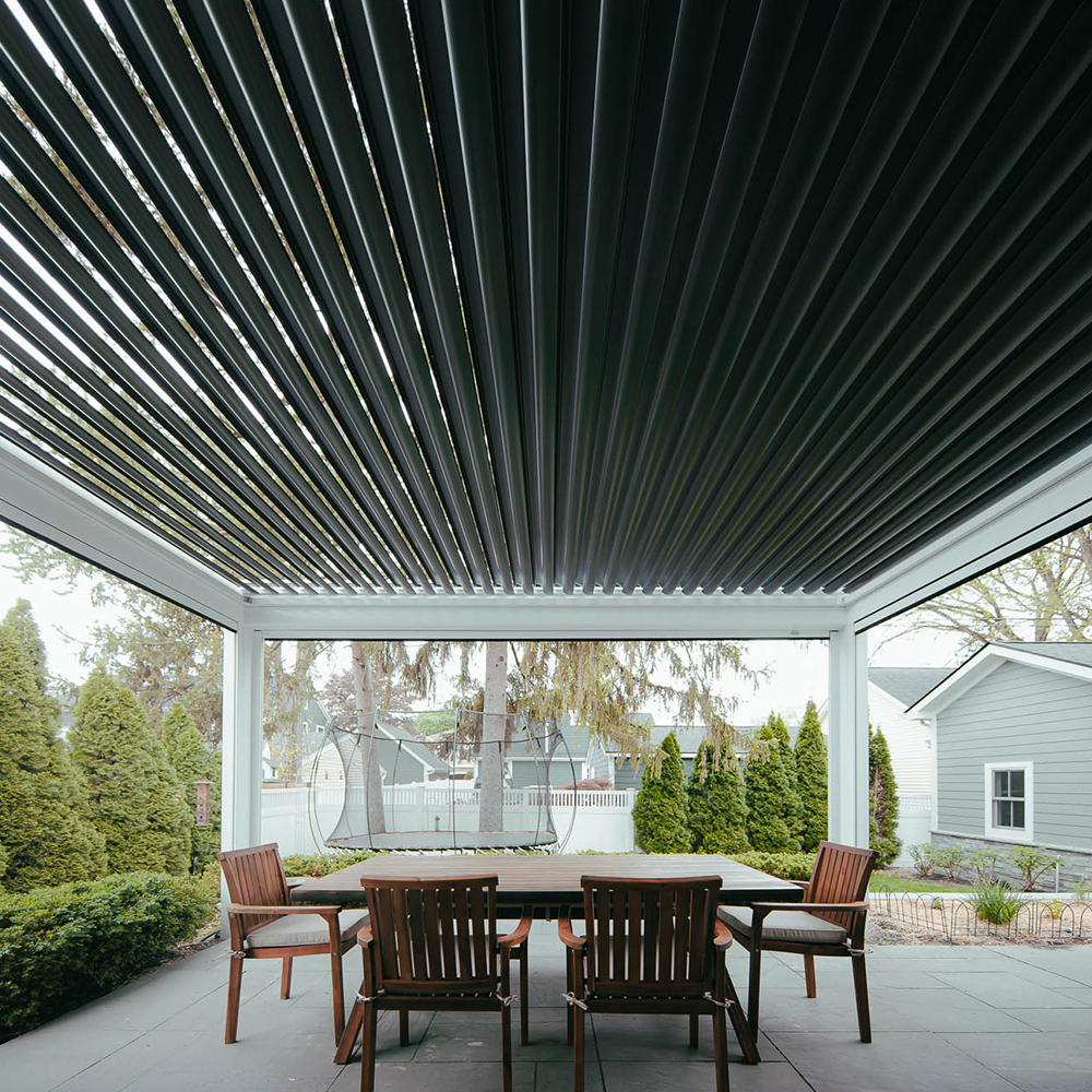 StruXure louvered pergola with motorized solar screens in Plymouth MI by Skyview Detroit