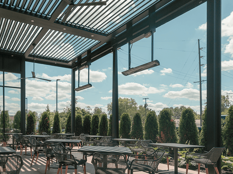 StruXure pergola installation at Chicane restaurant in Old Village Plymouth MI designed and built by Skyview Detroit