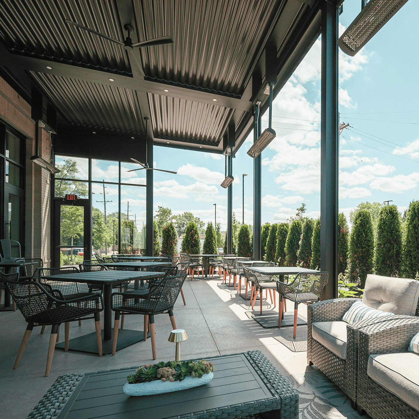 covered restaurant event space with pergola system
