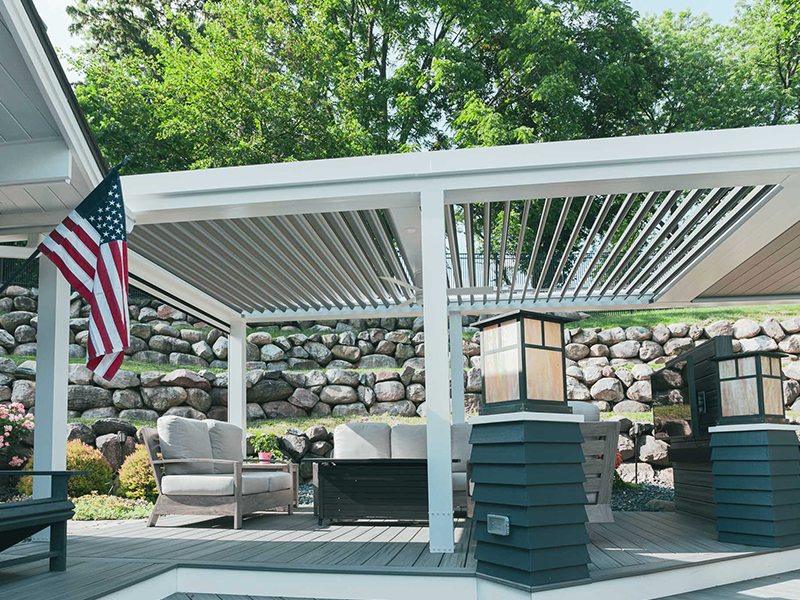 Poolside backyard with StruXure louvered motorized pergola in Plymouth MI built by Skyview Detroit.