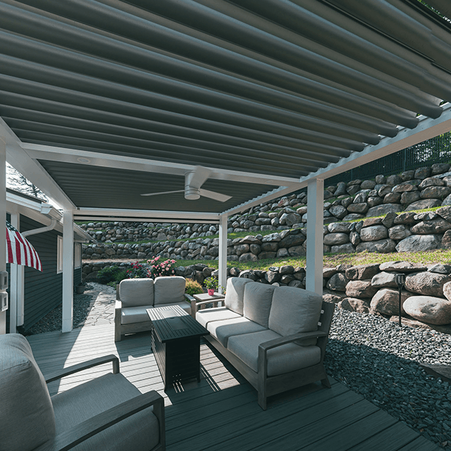 Poolside backyard with StruXure louvered motorized pergola in Plymouth MI built by Skyview Detroit.