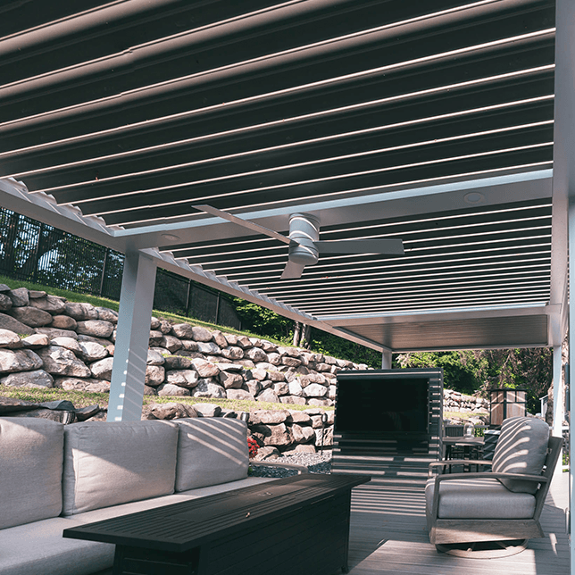 Poolside backyard with StruXure louvered motorized pergola in Plymouth MI built by Skyview Detroit.