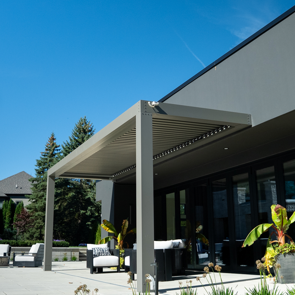 Custom poolside StruXure louvered pergola project in Rochester Hills MI by Skyview Detroit