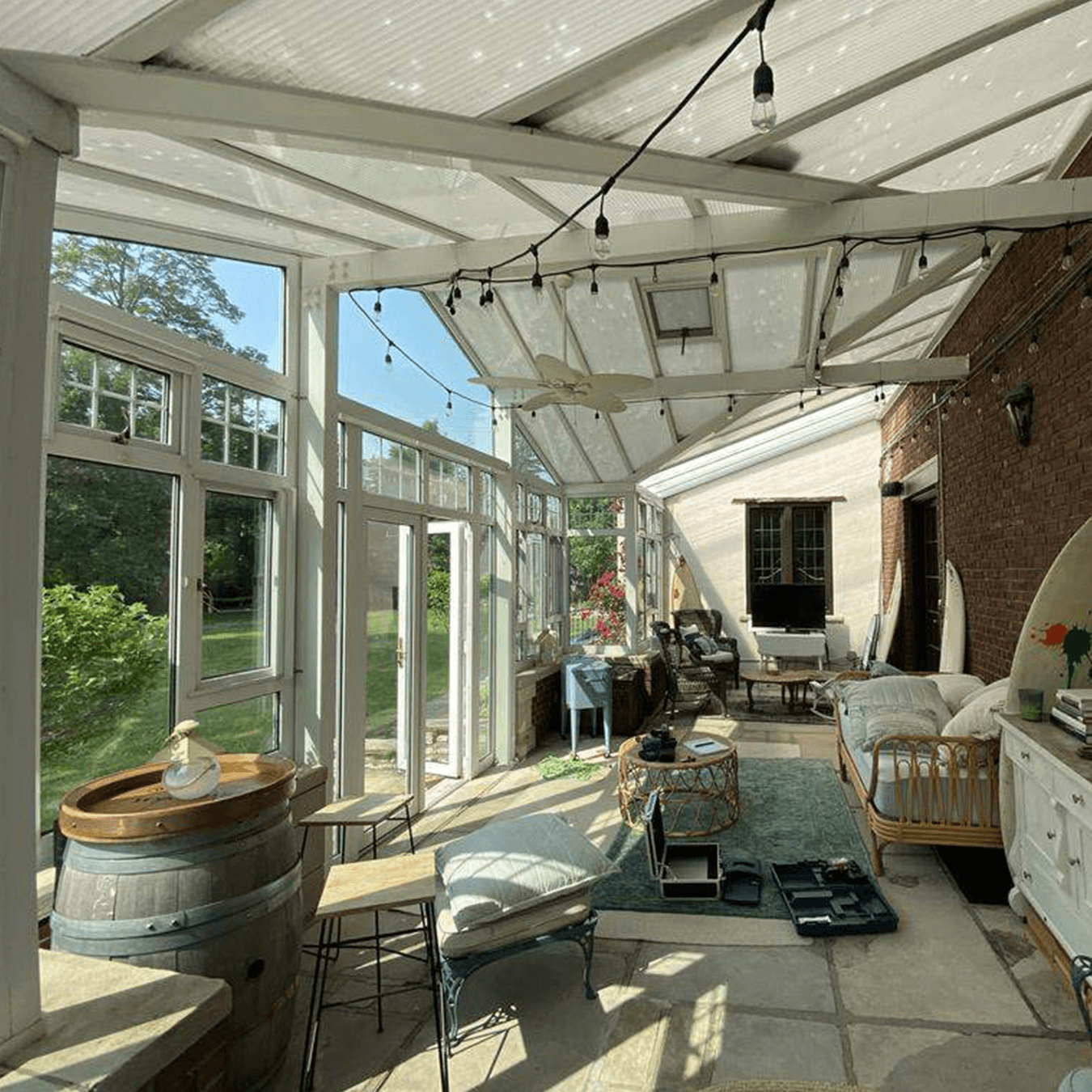 failing polycarbonate conservatory roof with visible aging and wear in Grosse Pointe Michigan