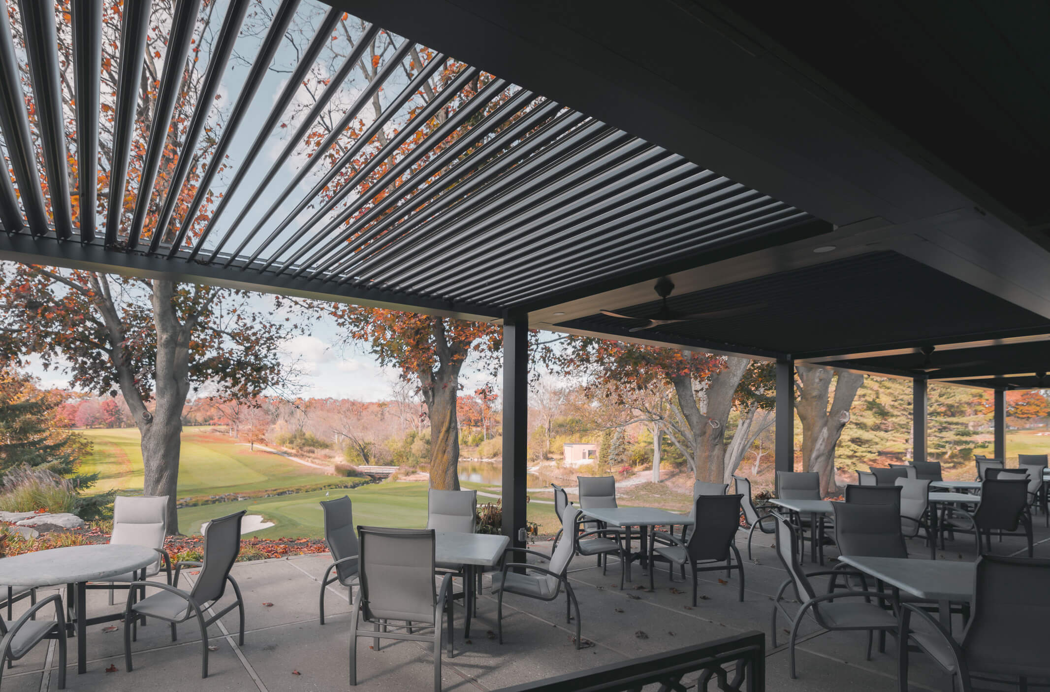 StruXure louvered pergola at Plum Hollow Country Club in Southfield MI by Skyview Detroit