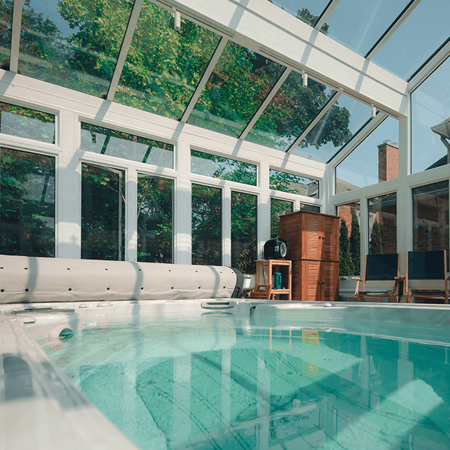 indoor swim spa conservatory with glass roof