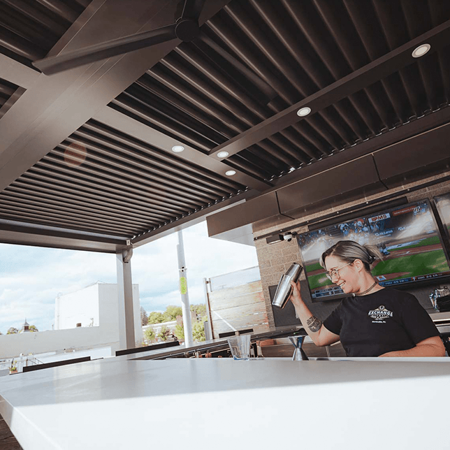 commercial outdoor dining pergola installation Downtown Northville