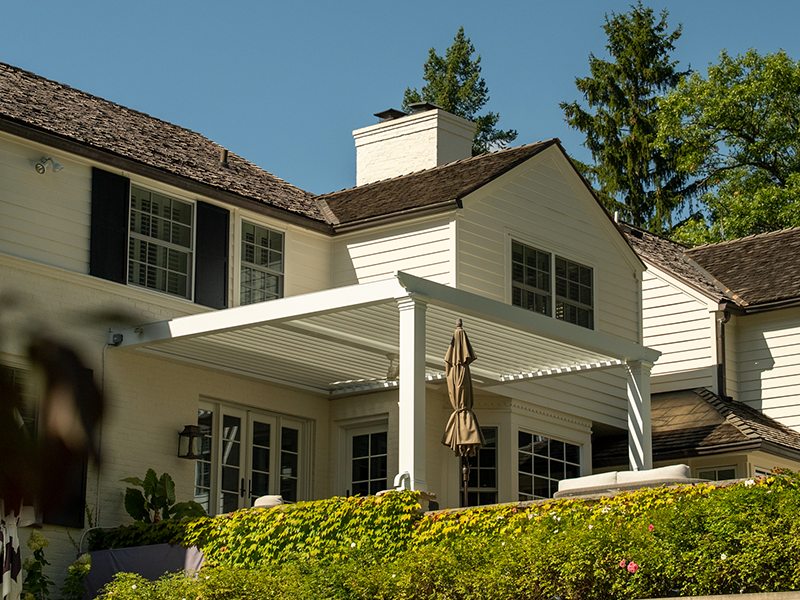 StruXure louvered pergola in the rear of a home in Bloomfield Hills