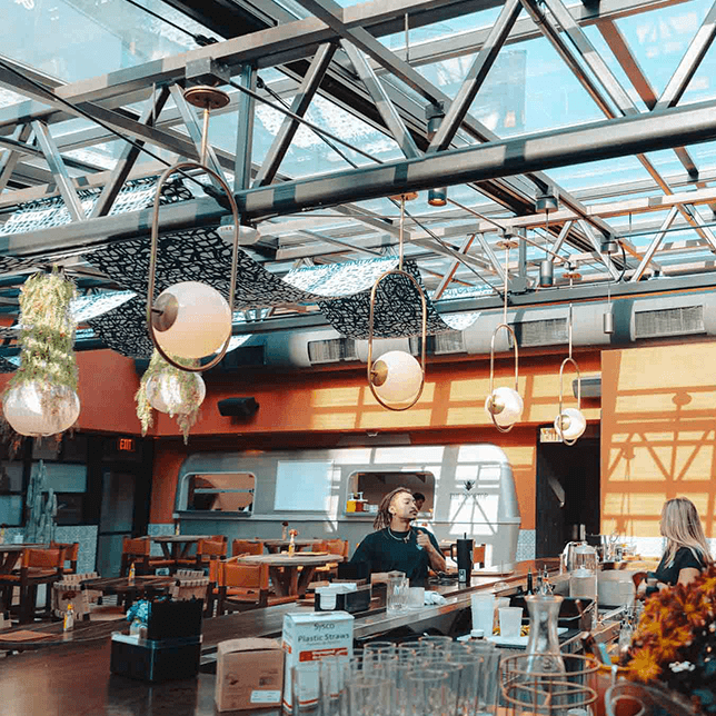 interior dining space under custom glass ceiling Detroit