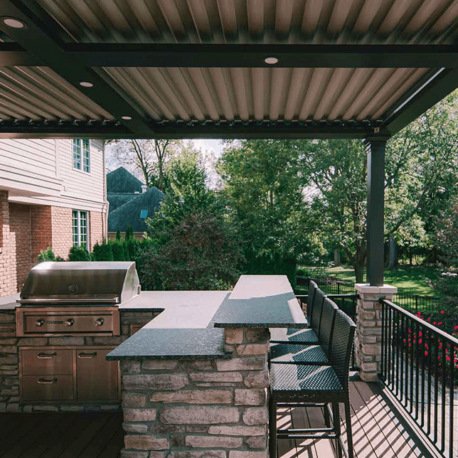 modern louvered pergola replacing traditional wood pergola
