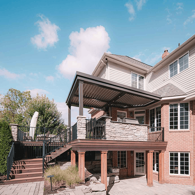 modern louvered pergola replacing traditional wood pergola