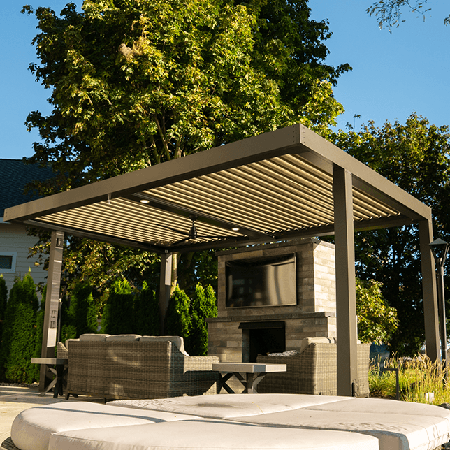 StruXure pergola creating shade over outdoor entertainment area