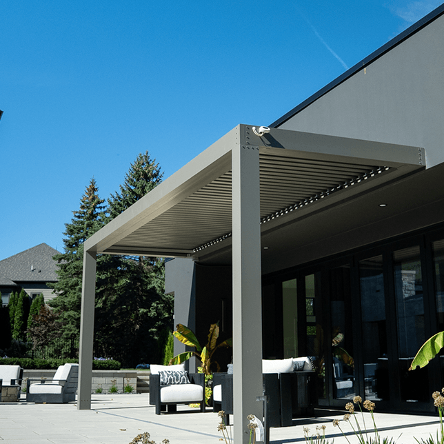 StruXure pergola installed on pool house in Rochester Michigan