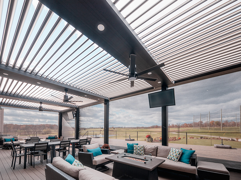 massive louvered pergola with solar screens at Lake Forest Golf Club in Ann Arbor Michigan