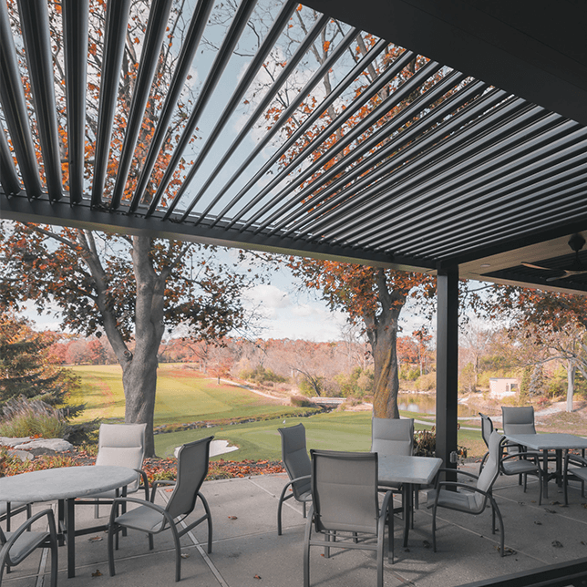 country club patio with StruXure pergola and outdoor dining