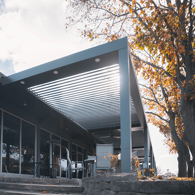 large commercial pergola covering patio at private country club in Southfield Michigan