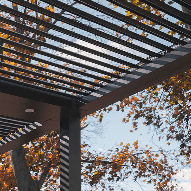 StruXure pergola installed at Plum Hollow Country Club overlooking golf course