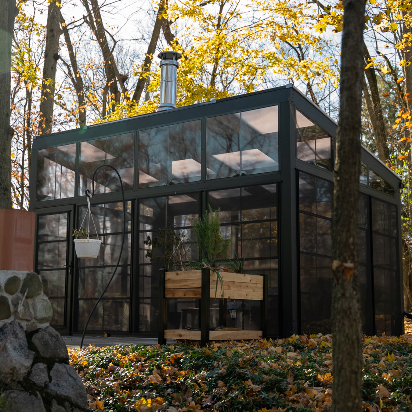 StruXure Poly structure with Aere Walls in wooded Northville Michigan setting