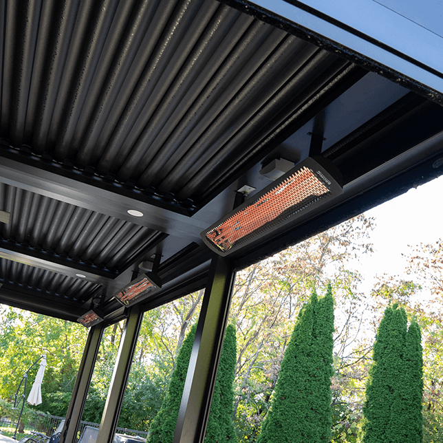 Covered outdoor living space with seating under pergola