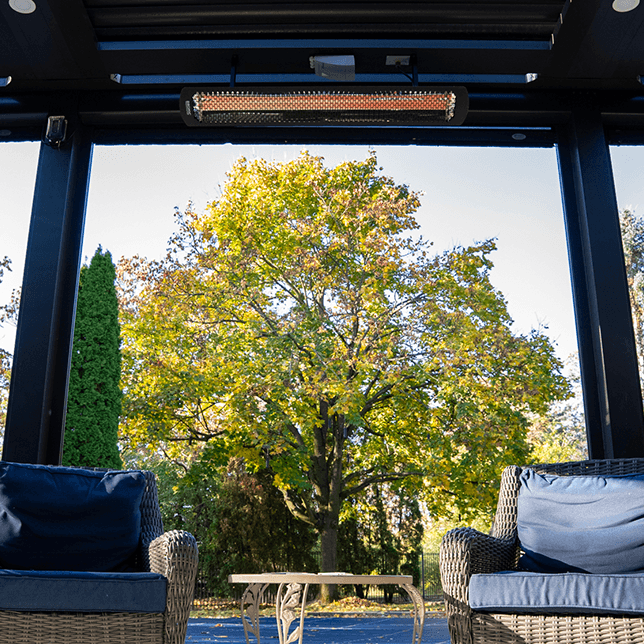 Pergola with integrated Bromic heaters for extended season use
